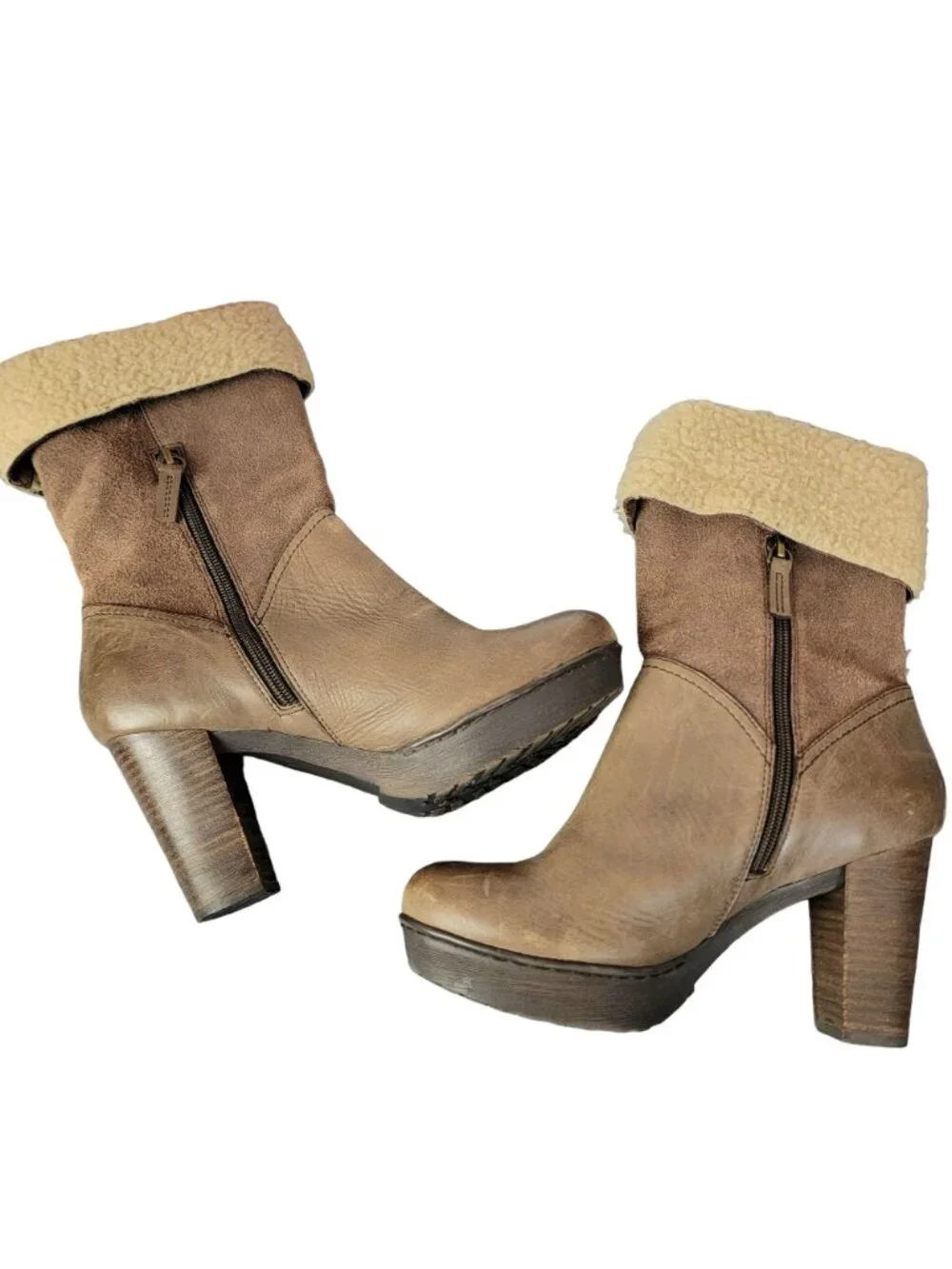 Nicole Platform Suede Boots 7.5 Brown Sherpa Leather Shoes Heel Mid Calf Women M